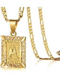 KissYan Initial Letter Pendant Necklace for Mens Womens, 18K Gold Plated Square Capital Monogram Necklace Alhpabets from A-Z Box Figaro Chain Necklace