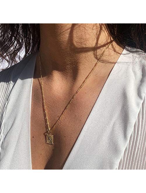 KissYan Initial Letter Pendant Necklace for Mens Womens, 18K Gold Plated Square Capital Monogram Necklace Alhpabets from A-Z Box Figaro Chain Necklace