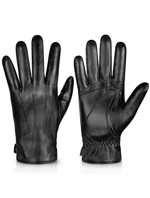 Genuine Sheepskin Leather Gloves For Men, Winter Warm Touchscreen Texting Cashmere Lined Driving Motorcycle Gloves By Alepo