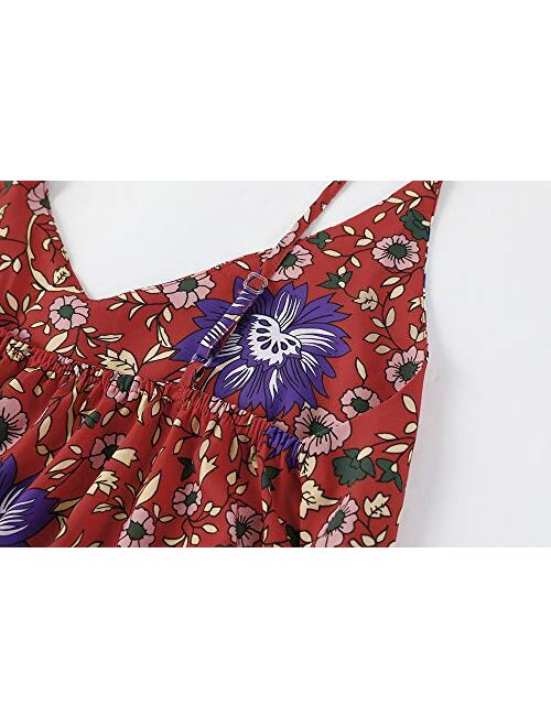 Valphsio Womens Floral Spaghetti Strap Short Dress Boho V Neck Mini Beachwear Dress Sundress