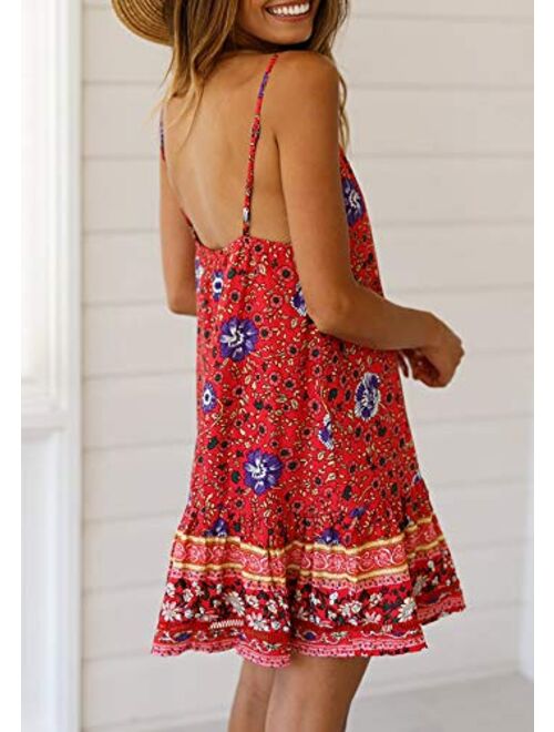 Valphsio Womens Floral Spaghetti Strap Short Dress Boho V Neck Mini Beachwear Dress Sundress