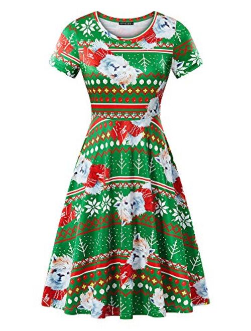 FENSACE Womens Round Neck Short Sleeve Fit and Flare St. Patrick's Day Skater Tank Clover Dress