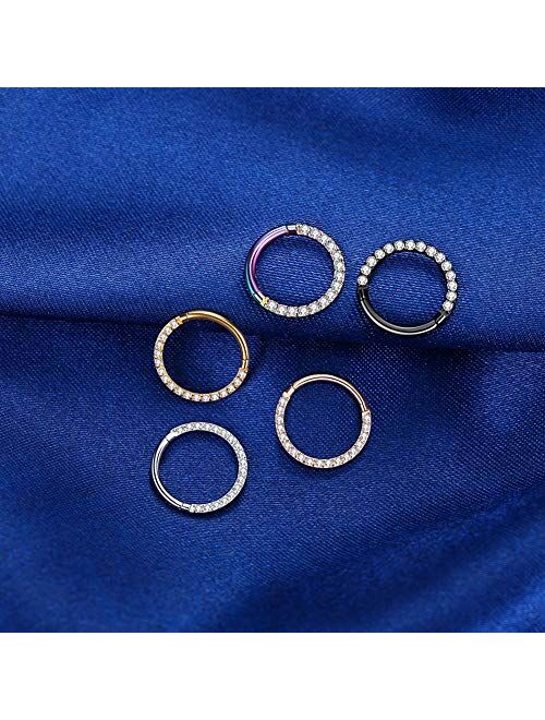 WBRWP 316L Stainless-Steel Piercing-Ring Hinged Nose-Rings-Hoop with Zircon/Opal 14G 16G 18G 20g Body Pierecing Ring Segment Clicker Lip Rings Cartilage Rook Earrings Dia