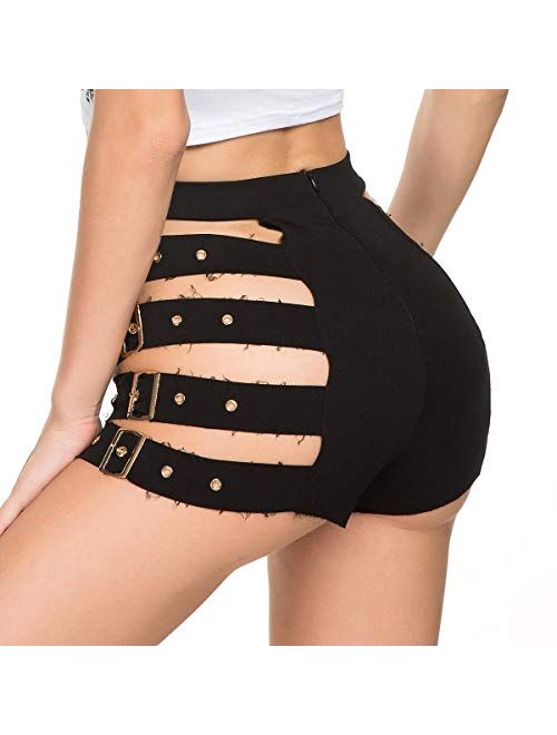 FEOYA Women Sexy Mini Shorts Cut Off Hot Pants High Waisted Hollow Out Booty Shorts Clubwear