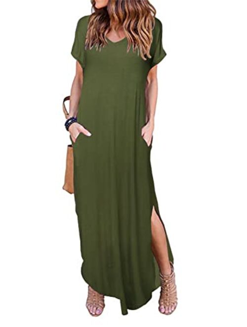 Buy HUSKARY Women's Summer Maxi Dress Casual Loose Pockets Long Dress Short  Sleeve Split online | Topofstyle