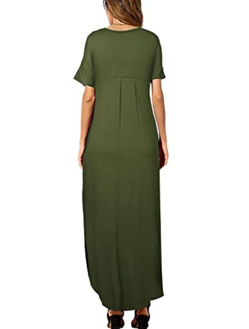 Hessimy Womens Casual Loose Pocket Long Dress Short Sleeve Split Maxi Dresses