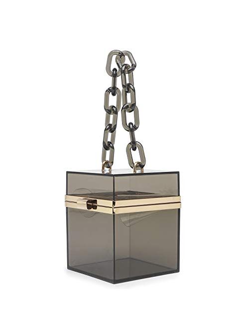 Clear Acrylic Square Box Clutch Purse Bag Transparent Shoulder Crossbody Handbag with Resin Short Handle & Metal Chain Strap