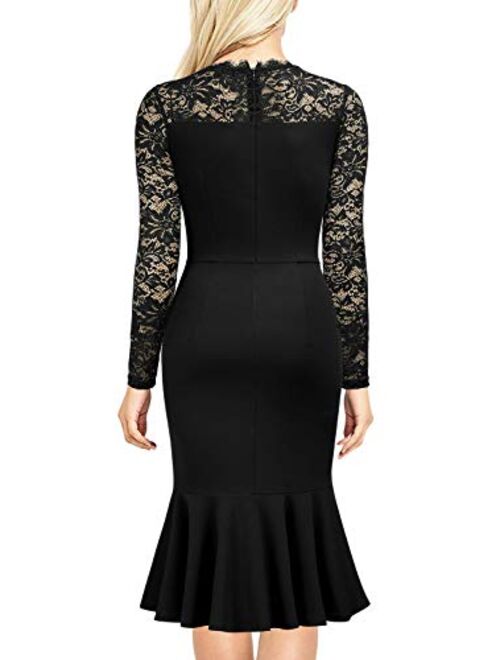 Knitee Women's Floral Lace See Through Long Sleeves Business Casual Evening Nightout Party Slim Fit Sheath Dress