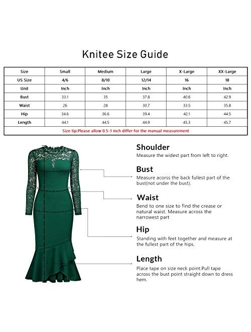 Knitee Women's Floral Lace See Through Long Sleeves Business Casual Evening Nightout Party Slim Fit Sheath Dress