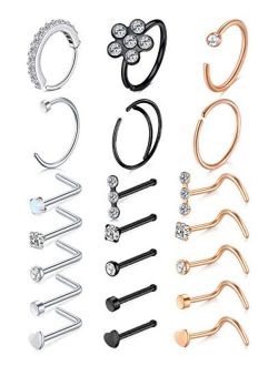 Longita 20g Nose Rings Hoop L Shape Nose Studs Stainless Steel Nose Screw Bone Flat Top Diamond Opal Heart High Nostril Piercing Jewelry Silver Rose Gold Black Pack for W