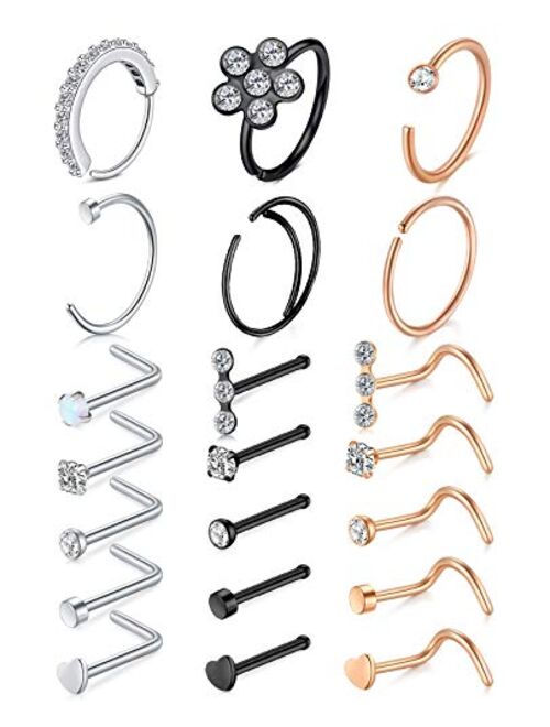 Longita 20g Nose Rings Hoop L Shape Nose Studs Stainless Steel Nose Screw Bone Flat Top Diamond Opal Heart High Nostril Piercing Jewelry Silver Rose Gold Black Pack for W