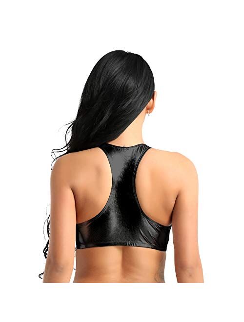 winying Womens Wet Look PVC Leather Racer-Back Cut Out Crop Tops Vest Rave Clubwear Dancewear