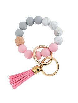 Giftable Portable House Car Keys Ring Holder, Elastic Beaded Silicone Bracelet Bangle Wristlet Keychains W/ Tassel