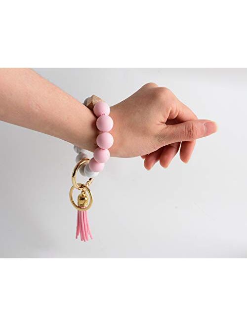 Coolcos Giftable Portable House Car Keys Ring Holder, Elastic Beaded Silicone Bracelet Bangle Wristlet Keychains W/ Tassel