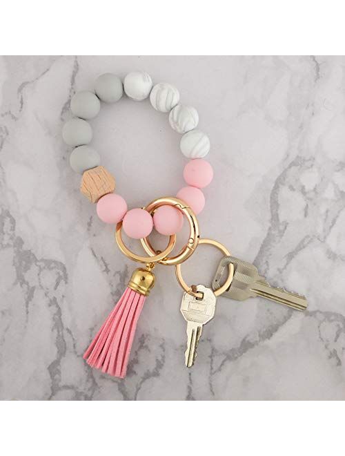 Coolcos Giftable Portable House Car Keys Ring Holder, Elastic Beaded Silicone Bracelet Bangle Wristlet Keychains W/ Tassel