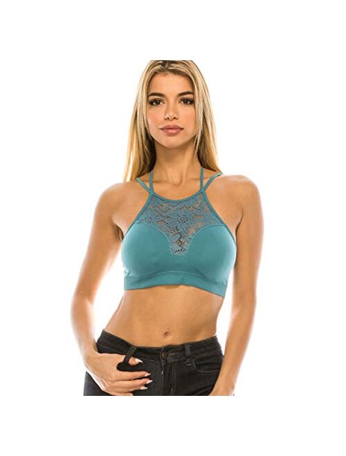 Womens Every Day High Neck Lace Halter Cutout Bralette with Bra Pads Back Strap