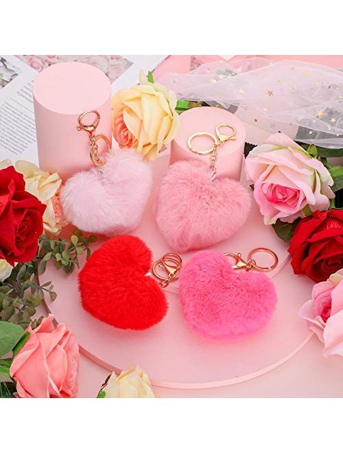 12 Pieces Pom Poms Keychains Fluffy Heart Shape Pompoms Keyrings Furry Heart Pompom Ball Keychains Faux Rabbit Pom Pendant Keychain Clips for Women Girl Valentine's Day