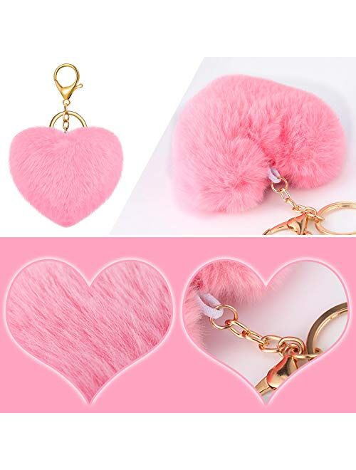 12 Pieces Pom Poms Keychains Fluffy Heart Shape Pompoms Keyrings Furry Heart Pompom Ball Keychains Faux Rabbit Pom Pendant Keychain Clips for Women Girl Valentine's Day