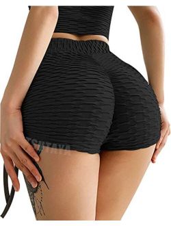TSUTAYA Butt Lifting Yoga Shorts for Women High Waist Tummy Control Hot Pants Textured Ruched Sports Gym Running Beach Shorts
