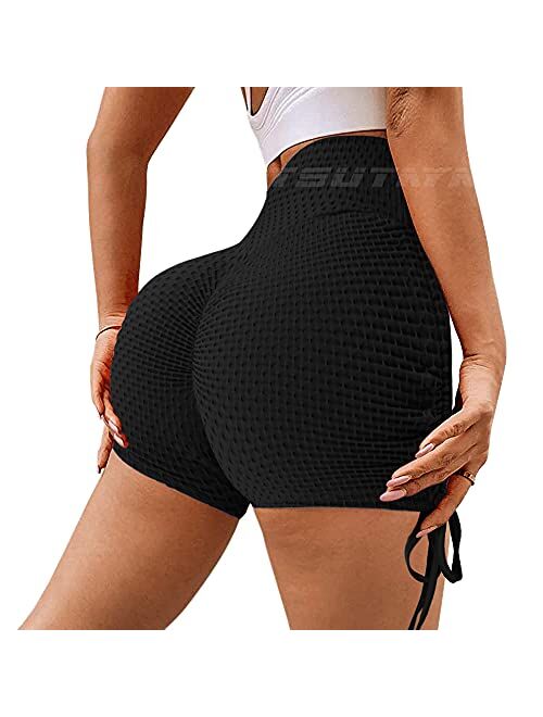 TSUTAYA Butt Lifting Yoga Shorts for Women High Waist Tummy Control Hot Pants Textured Ruched Sports Gym Running Beach Shorts 