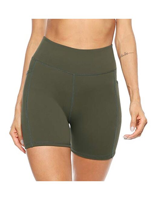 AFITNE Womens High Waist Yoga Shorts with Pockets, Tummy Control Non See -Through Athletic Workout Running Shorts