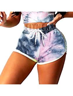 FITNEXX Women's Tie Dye Drawstring Workout Shorts Active Shorts Or Tops Striped Yoga Shorts Fitness Ultra Soft Hot Pants