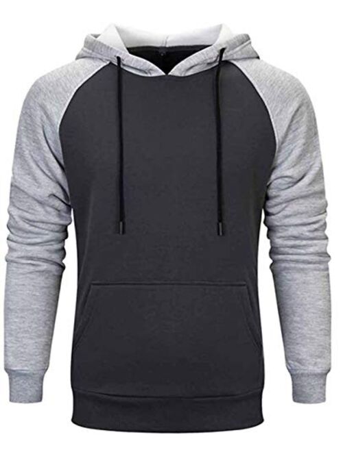 Mens Hoodies Color Block Sweatshirts Patchwork Blend Fleece Pullover with Kanga Pocket
