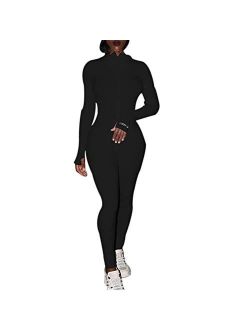 Bowanadacles Women Sports Jumpsuits Bodysuit Outfits Solid Color High Collar Hidden Zipper Lady Fashion Tracksuit Clothes