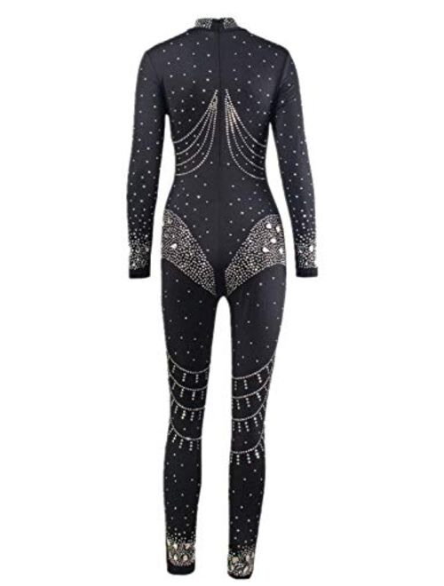 Sedrinuo Women Club Outfits Long Sleeve Bodycon Jumpsuits High Neck Sparkly Rhinestone Romper