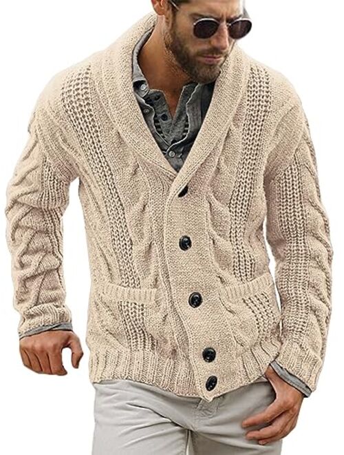 Mens Cable Knit Cardigan Sweater Shawl Collar Loose Fit Long Sleeve Casual Cardigans