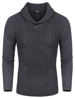 Men's Shawl Collar Sweaters V-Neck Cotton Relaxed Fit Cable Pullover