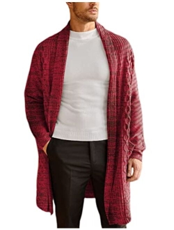Mens Fashion Long Ruffle Knit Cardigan Lightweight Shawl Collar Sweater