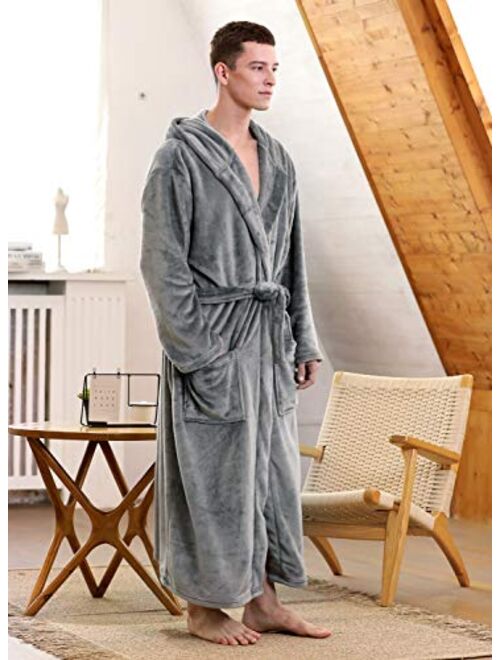 Men'S Warm Flannel Fleece Robe With Hood, Big And Tall Bathrobe Full Length