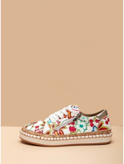 Shein Zip Side Floral Print Lace Up Colorful Sneakers