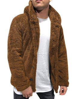 Mens Fuzzy Sherpa Fluffy Fleece Open Front Cardigan Button Down Soft Hoodie Coat Outwear Jacket Casual Winter Bear Tops