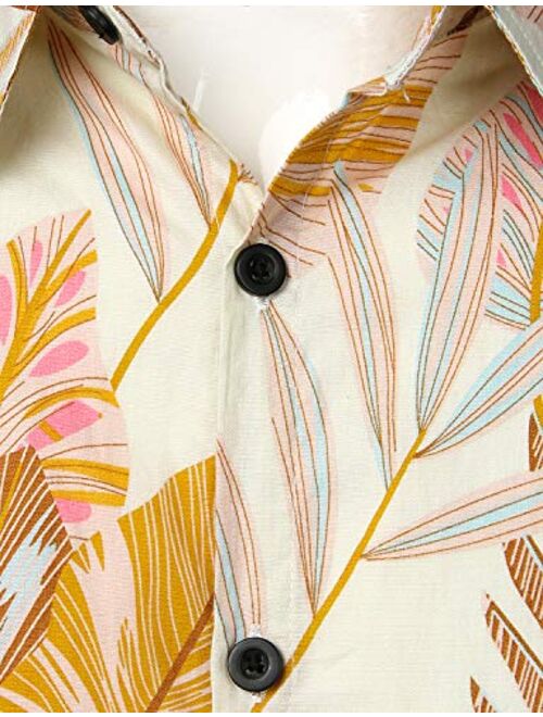 JOGAL Flower Cotton Button Down Short Sleeve Hawaiian Shirt