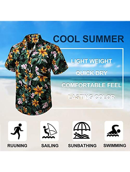HISDERN Mens Hawaiian Printed Floral Aloha Shirts Tropical Front Pocket Short Sleeve Button Down Casual Holiday Summer Shirt