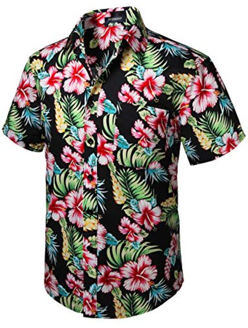HISDERN Mens Hawaiian Printed Floral Aloha Shirts Tropical Front Pocket Short Sleeve Button Down Casual Holiday Summer Shirt