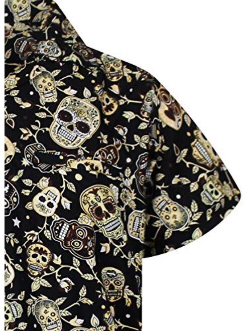 Funky Hawaiian Halloween Shirt for Men Short Sleeve Front-Pocket Sugar Skulls Multi Colors