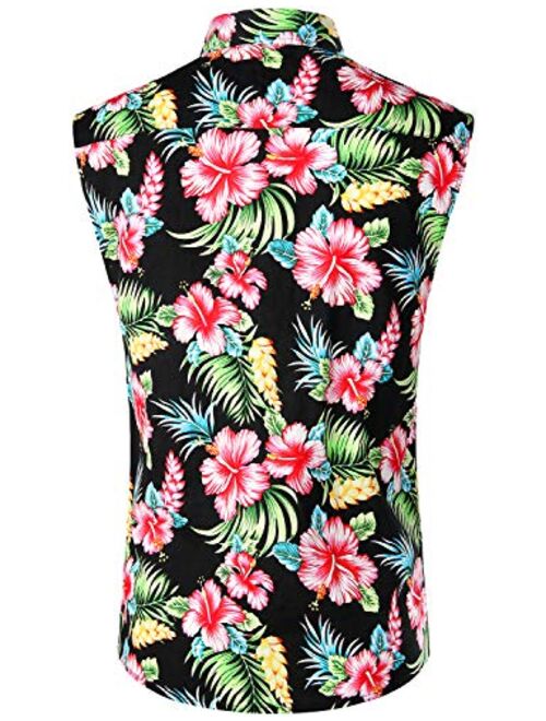 JOGAL Sleeveless Flower Casual Button Down Hawaiian Shirt