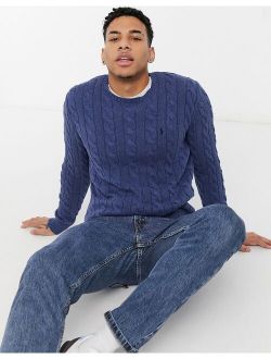 player logo cotton cable knit sweater in blue heather