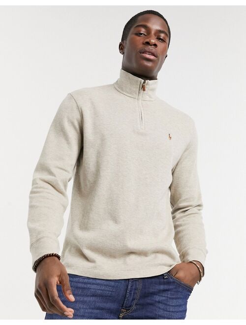 Polo Ralph Lauren multi player logo fine rib half zip knit sweater in beige marl