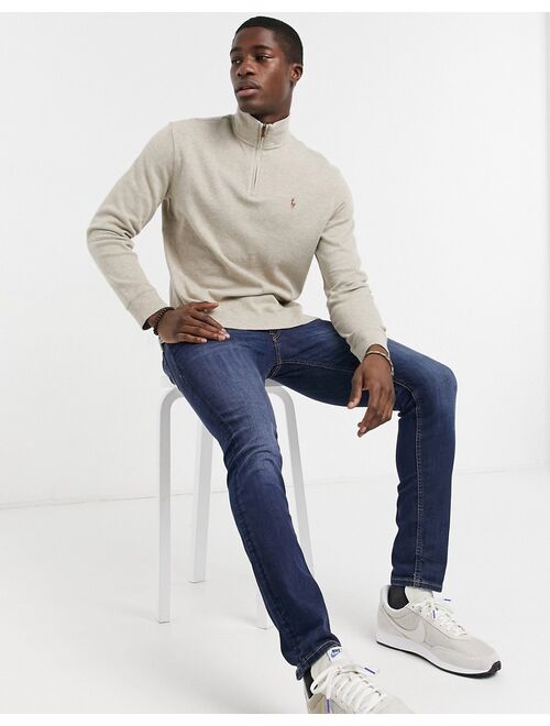 Polo Ralph Lauren multi player logo fine rib half zip knit sweater in beige marl