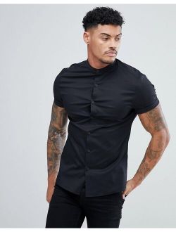 stretch skinny fit shirt in black with grandad collar
