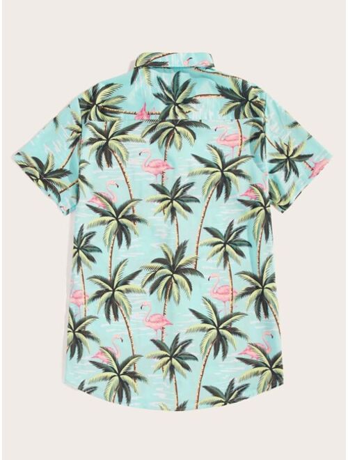 Shein Men Flamingo & Tree Print Hawaiian Shirt