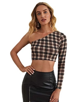 Women's Cutout Waist Long Sleeve One Shoulder Crop Top T Shirt