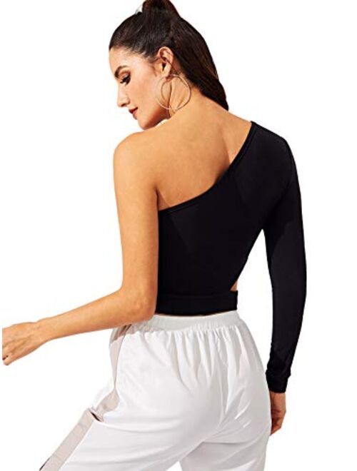 SweatyRocks Women's Cutout Waist Long Sleeve One Shoulder Crop Top T Shirt