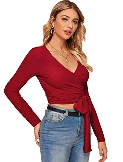 Buy Shein Womens Deep V Neck Knot Front Long Sleeve Wrap Crop Top Tee