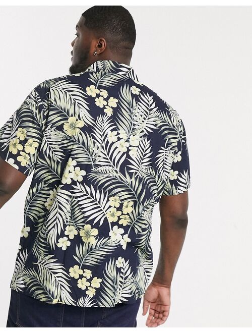 Jack & Jones Originals Plus camp collar Hawaiian print short sleeve shirt in navy