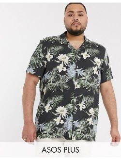 Plus revere collar regular hawaiian shirt in black